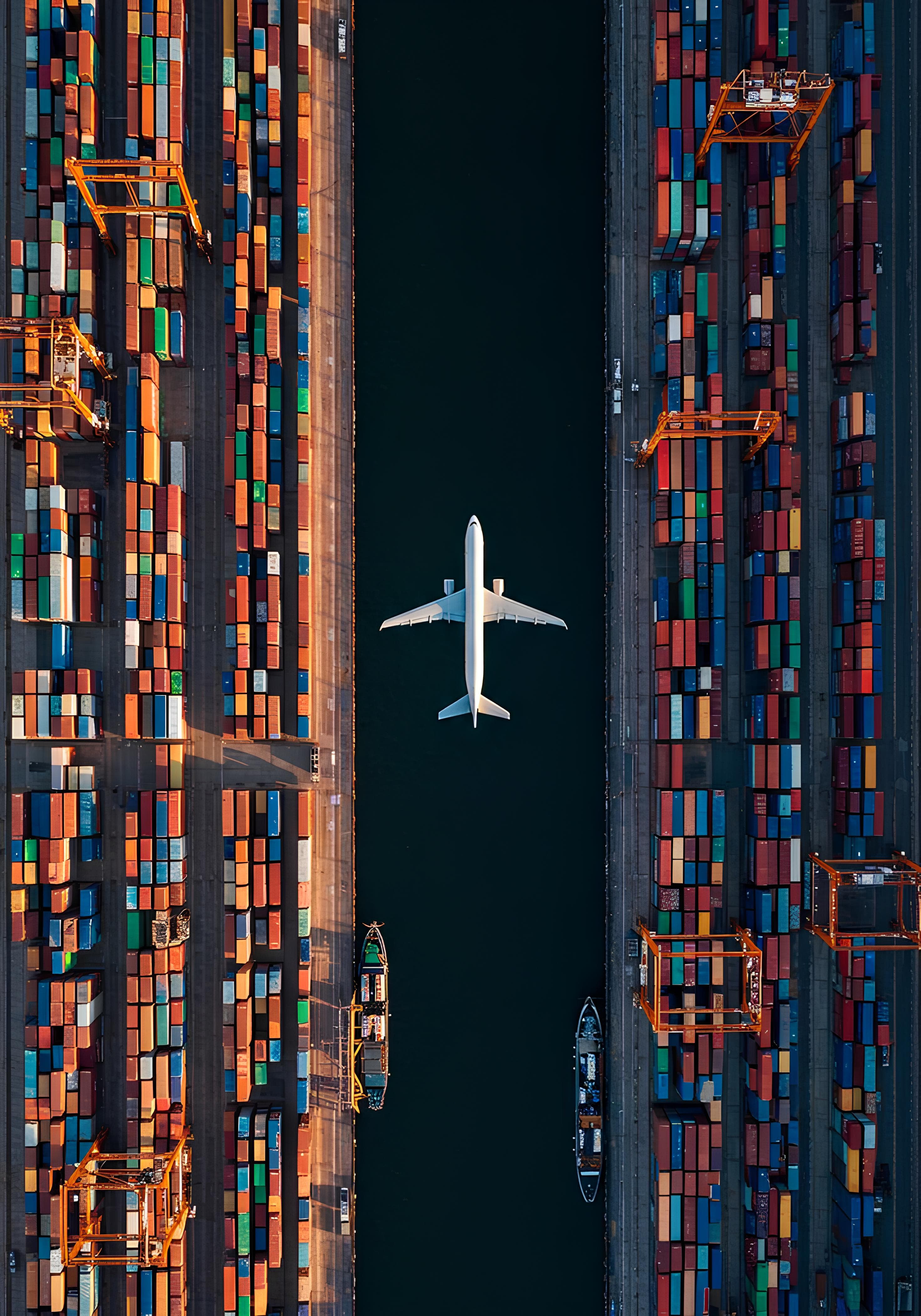 Aerial view of a container port, with a cargo plane flying over the channel between stacked shipping containers.