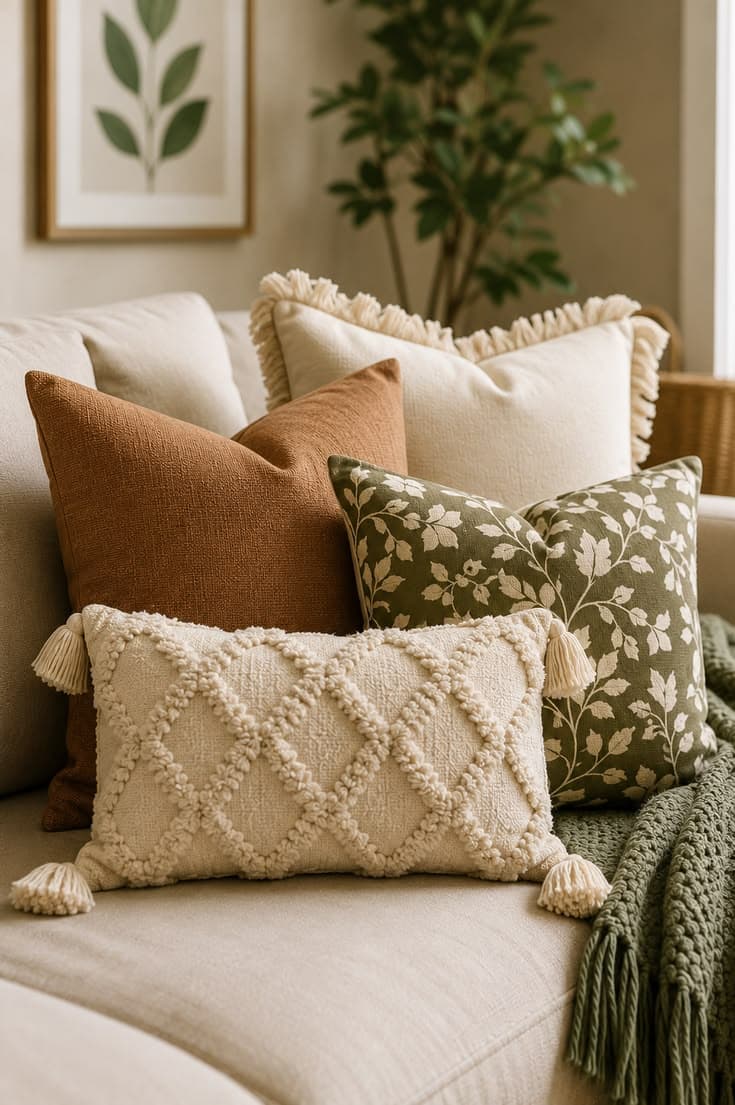 Braided Jute Runner — Textured cushions in cream, rust and sage on a linen sofa with a knitted throw.