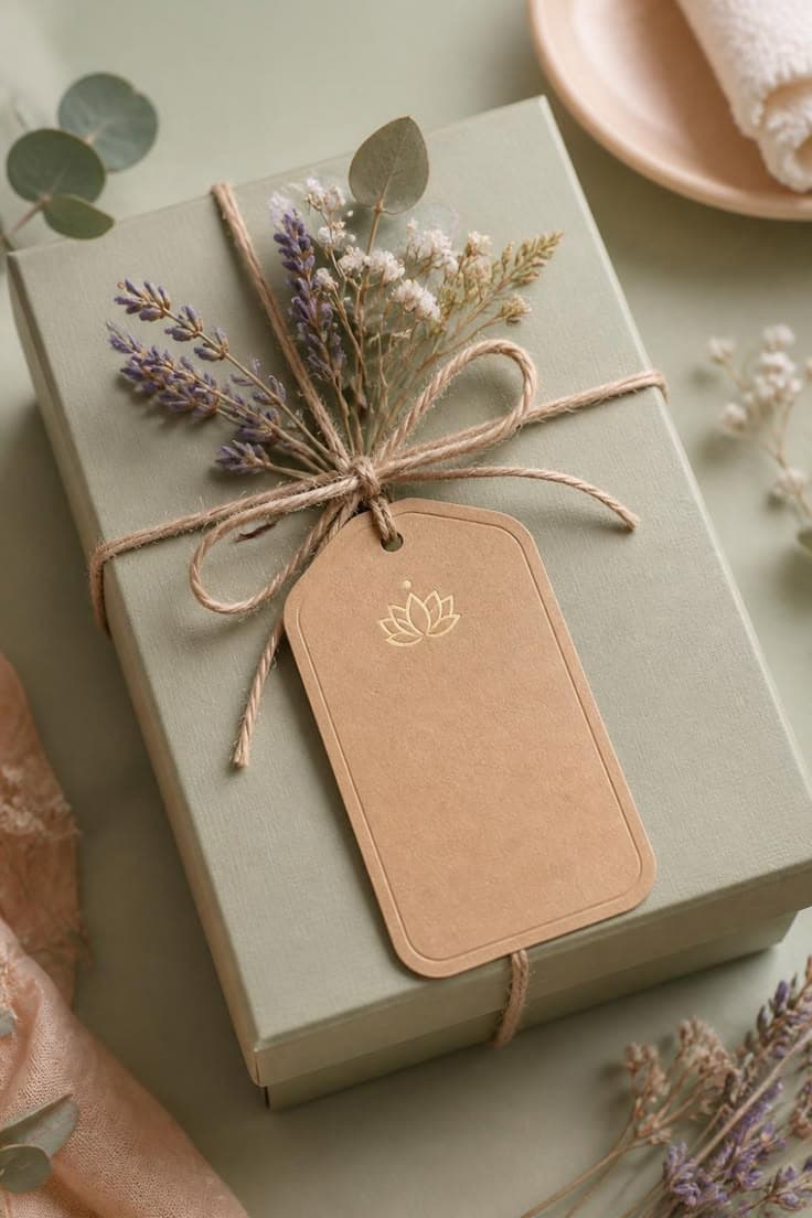 Seagrass Gift Hamper — Sage gift box tied with twine, dried lavender and a blank kraft gift tag.