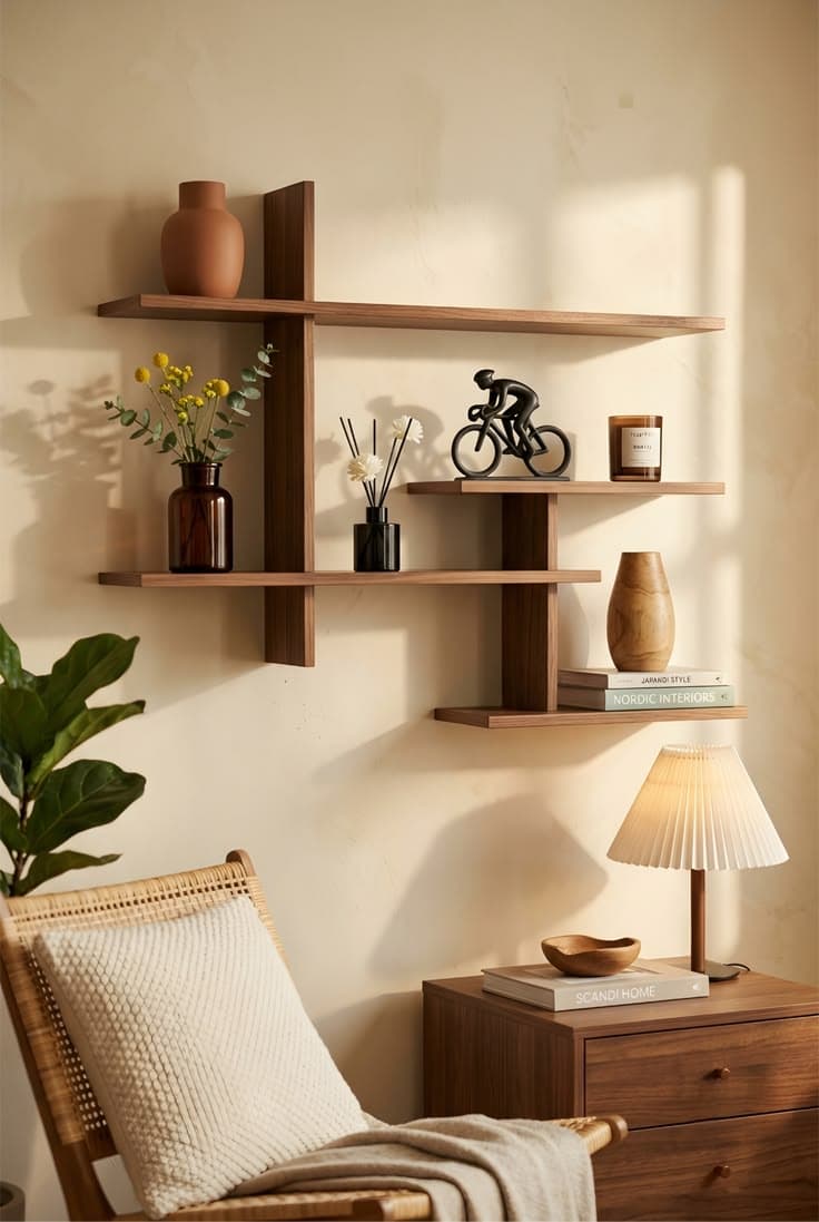 Wooden wall shelves styled with vases, candles and books above a rattan chair and bedside table.