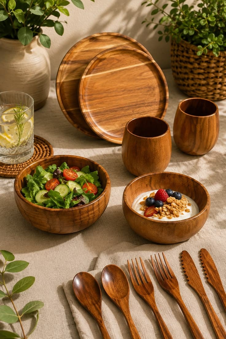 Acacia Wood Serving Tray — Wooden plates, bowls, cups and cutlery set on a linen tablecloth.